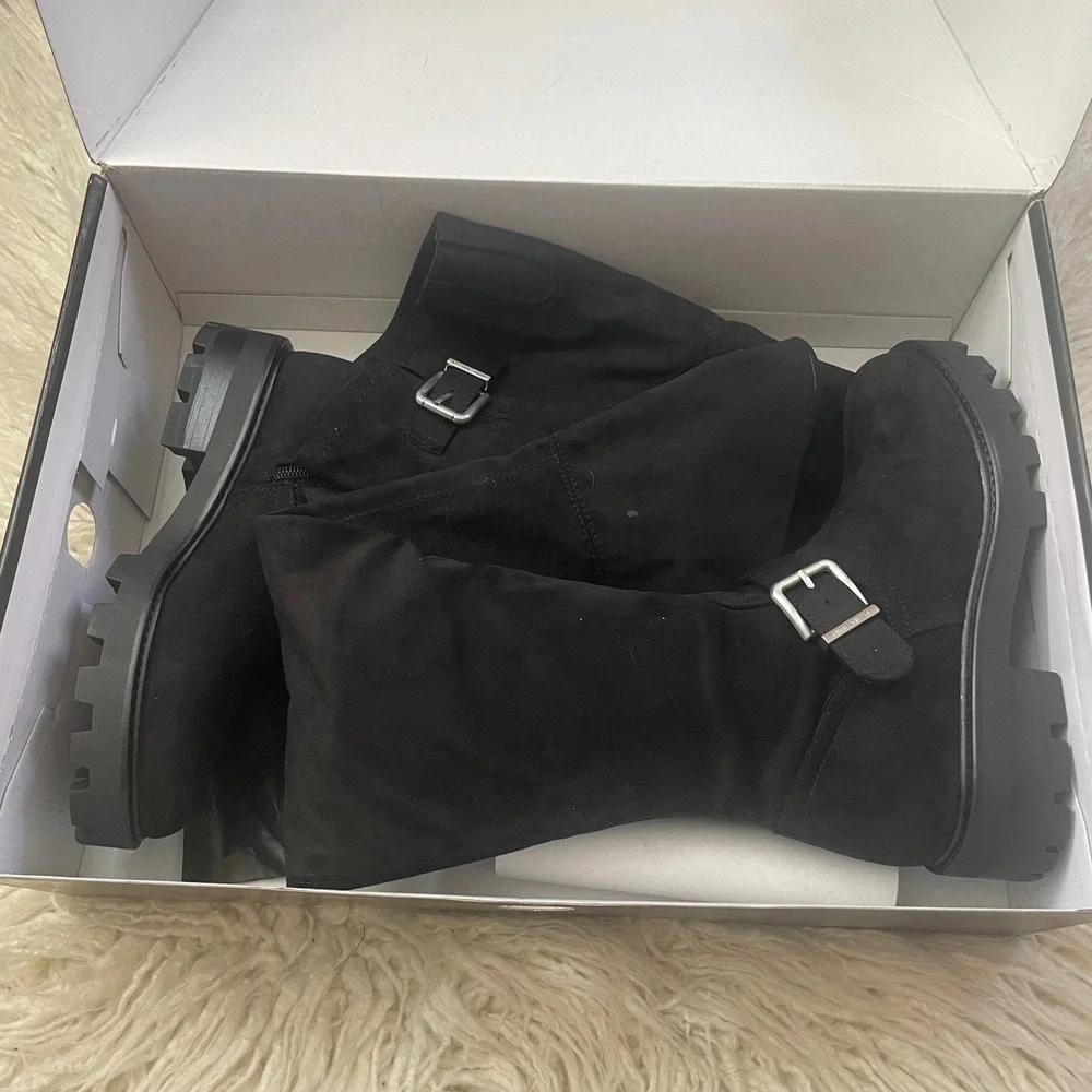 NWT Nine West Nans Over The Knee Boots Black Lug Sole Buckle Size 6.5 Black‎
